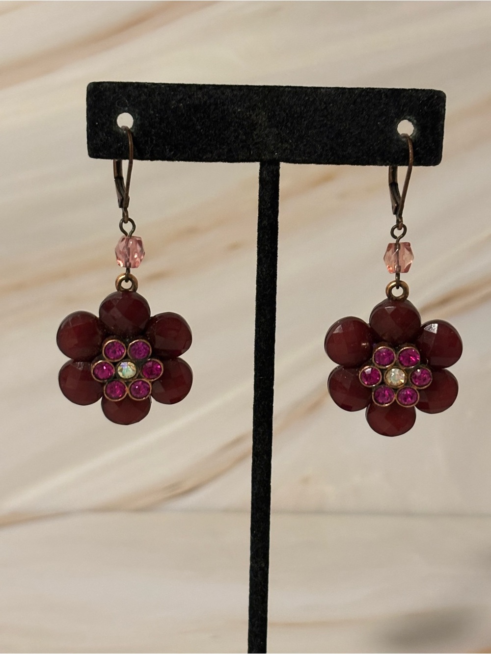 Birch Hill Floral Drop Earrings in Deep Burgundy and Pink 2”